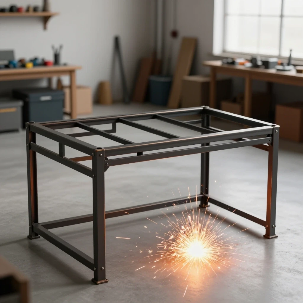 A partially constructed industrial steel frame desk being welded, with sparks flying in a blurred workshop background.