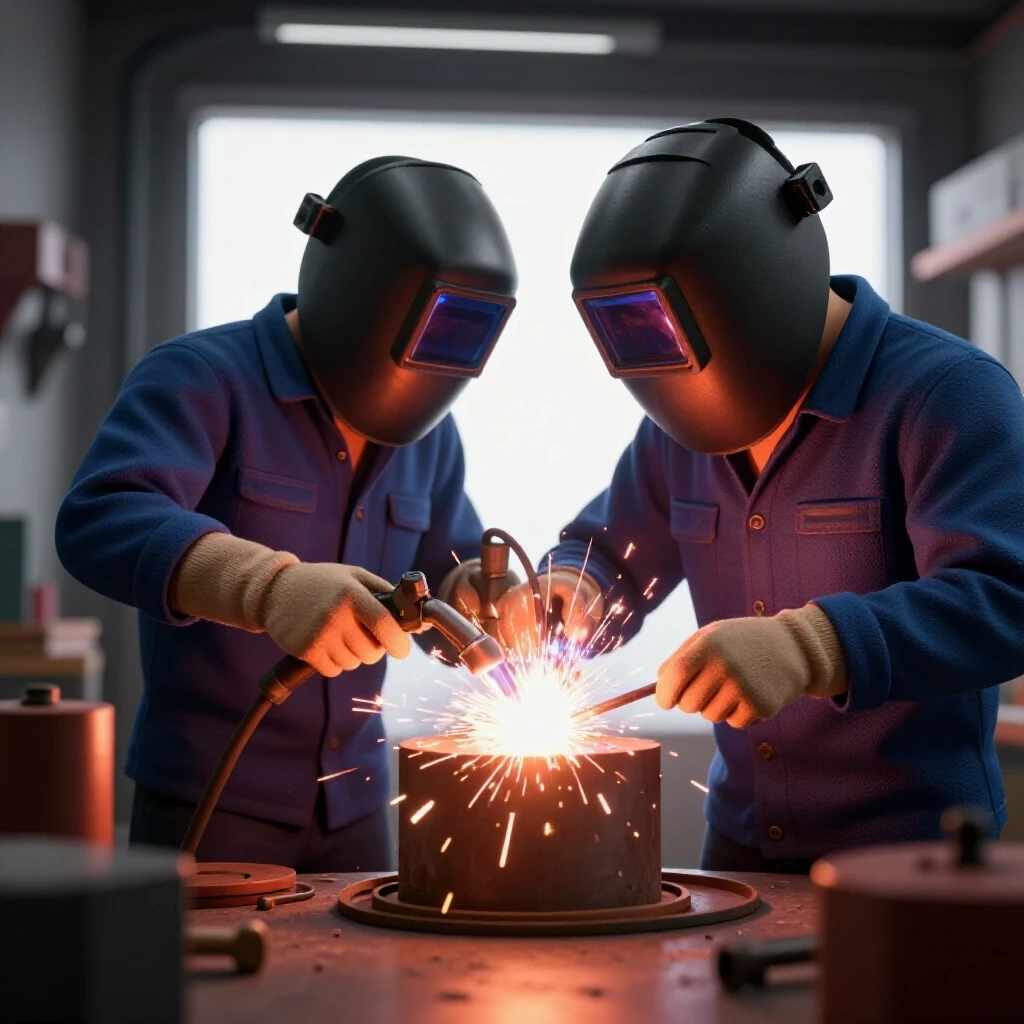 Welding torch in skilled hands creating sparks in a tight, confined space, emphasizing precision.