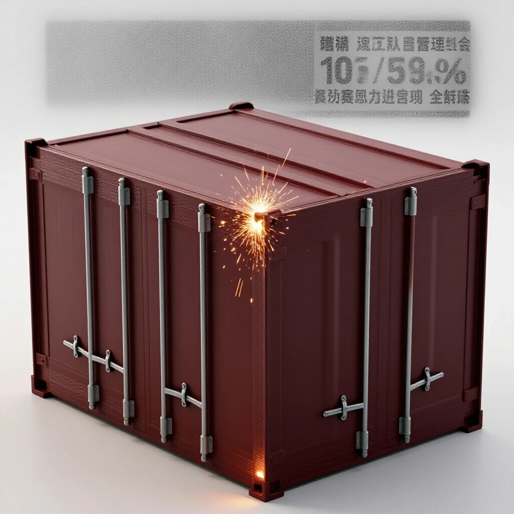 A sleek, half-finished cargo box with welding sparks, showcasing precision in a bright workshop backdrop.