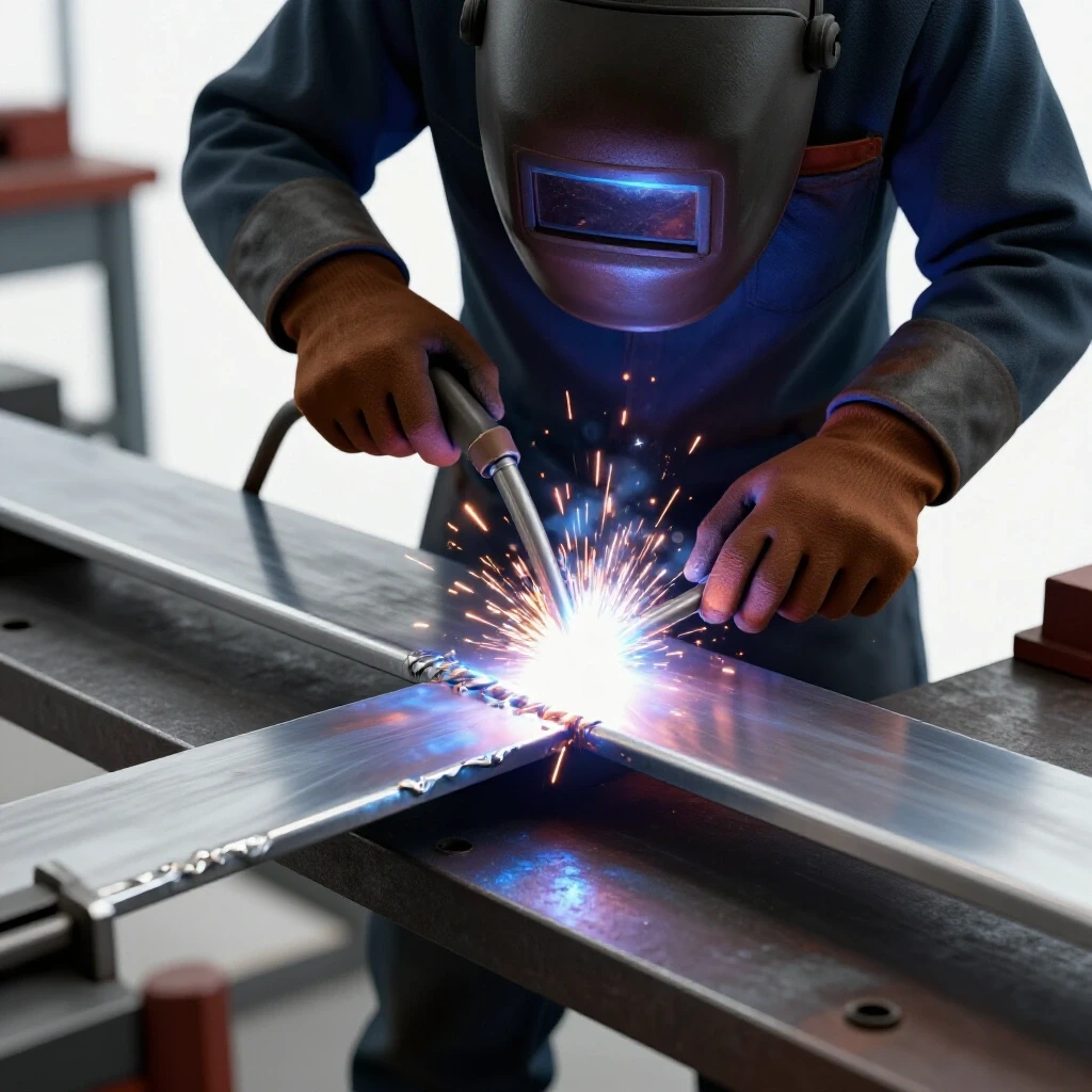 A welder expertly manipulating a long sheet of metal, with bright sparks flying, showcasing welding precision and stability.