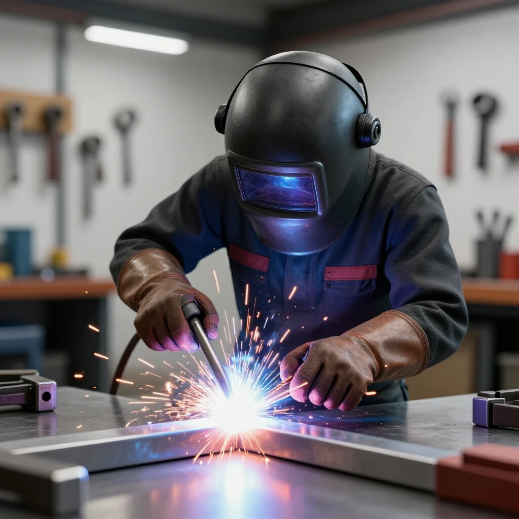 A skilled welder creates bright sparks while welding metal, surrounded by a polished surface and workshop tools in the background.