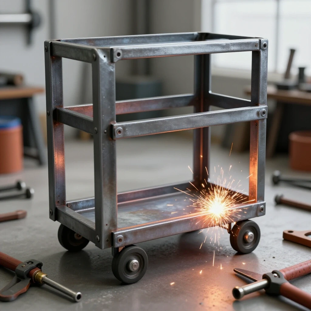A dynamic image showing a partially constructed steel cart with welding sparks, tools in a bright workshop.