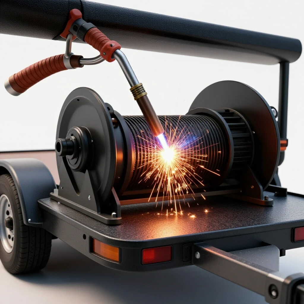 A rugged trailer and a shiny recovery winch mount with sparks from a welding torch in a bright studio setting.