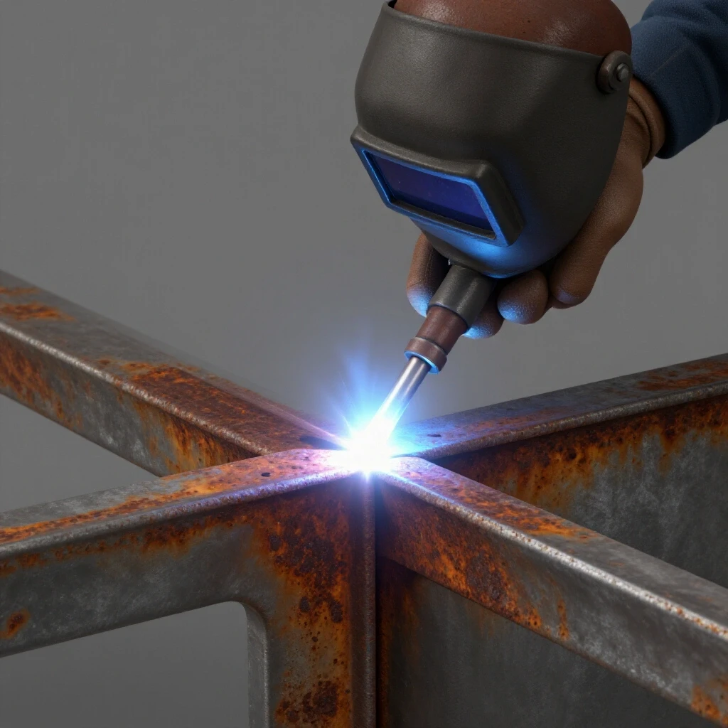 Close-up of a welder's hand applying molten metal to a corner joint, showcasing safety and transformation.