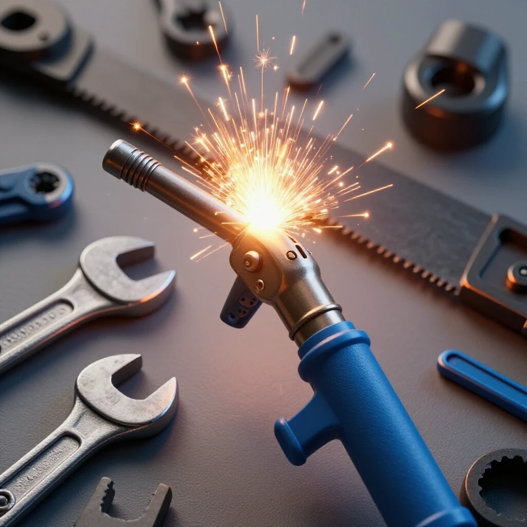 Close-up of a welding torch in action with sparks, surrounded by broken tools creating a dynamic repair scene.