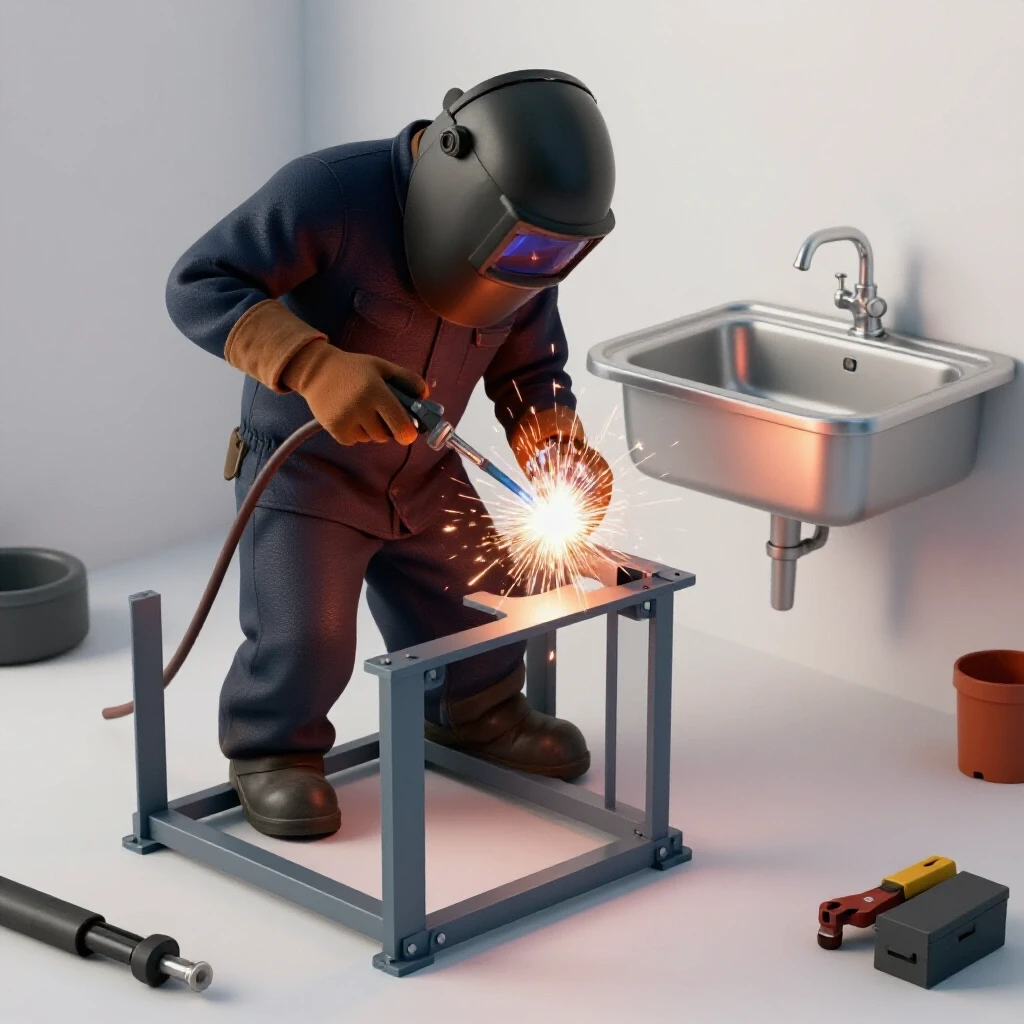 A DIY welding scene featuring sparks flying from a welder and a partially assembled rigid stand next to a utility sink basin.