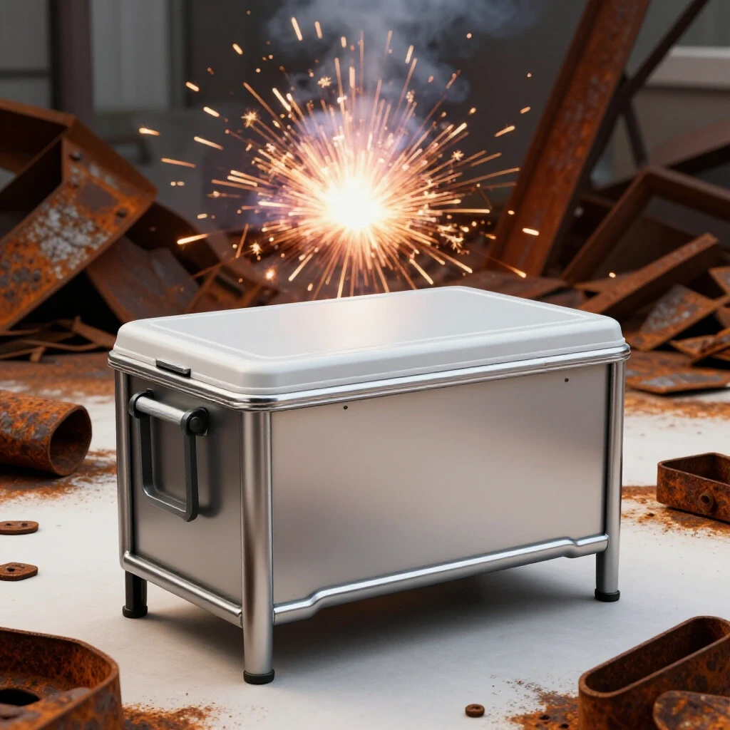 A gleaming metal frame of an ice chest cooler stand with rusted metal scraps around, glowing welding sparks in the background.