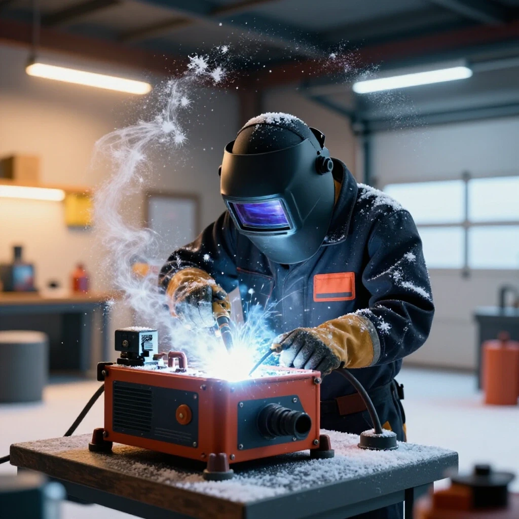A polished 3D image showing a welding setup in a warm workspace amid cold garage surroundings with snowflakes, emphasizing safety.