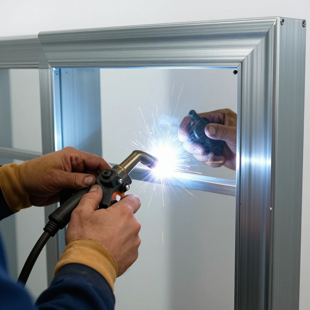 Close-up of welder's hands using a torch on a thin sheet metal cabinet door, highlighting precision welding skills.