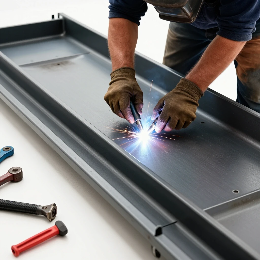 A welder's hands skillfully assembling a heavy-duty sliding truck bed tray with tools around, showcasing craftsmanship.