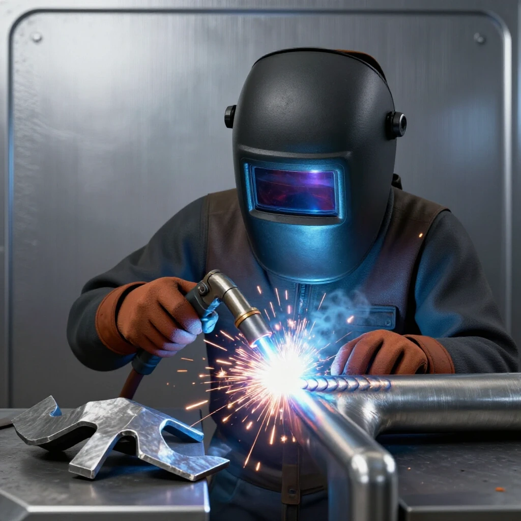 Close-up of a welder's hands operating a welding torch, with sparks flying against stainless steel.