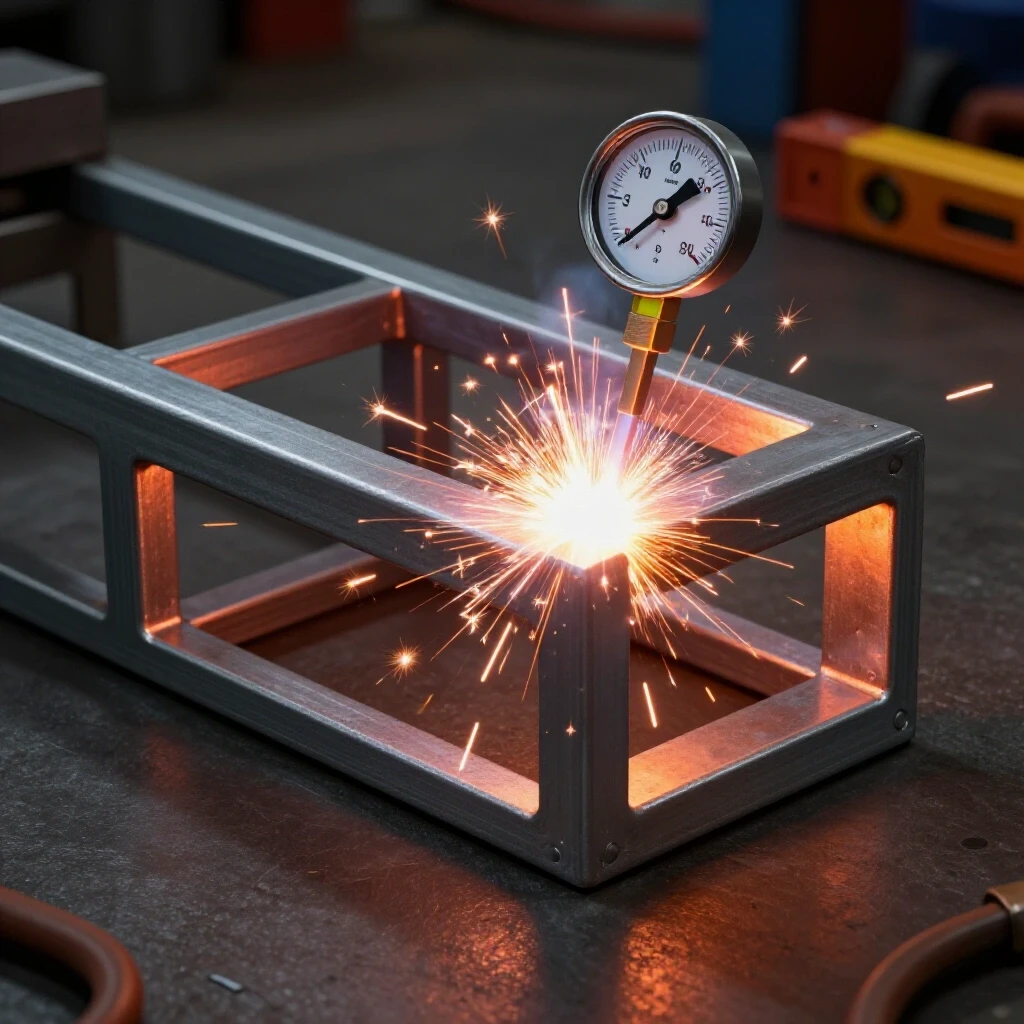 Close-up of a steel frame being welded, with sparks flying and a level gauge symbolizing precision in a workshop.