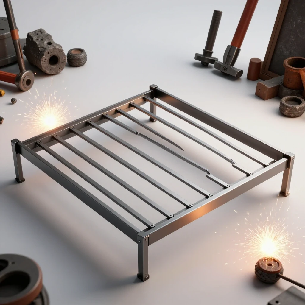 A modern steel platform bed frame surrounded by welding sparks and industrial tools, showcasing DIY craftsmanship.