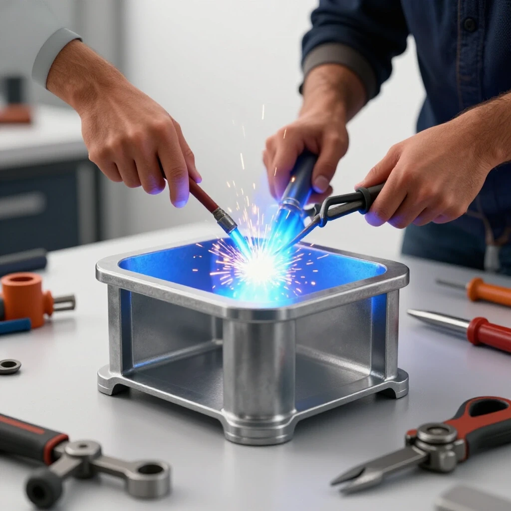 Close-up of a welding process showing bright sparks and flames with a steel sink stand being constructed.