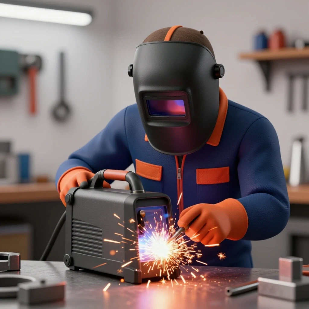 Close-up of welder's hands using a budget MIG welder, with sparks flying in a blurred workshop.