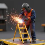 Close-up of a welder creating bright yellow metal folding steps for a utility trailer, with sparks illuminating the scene.