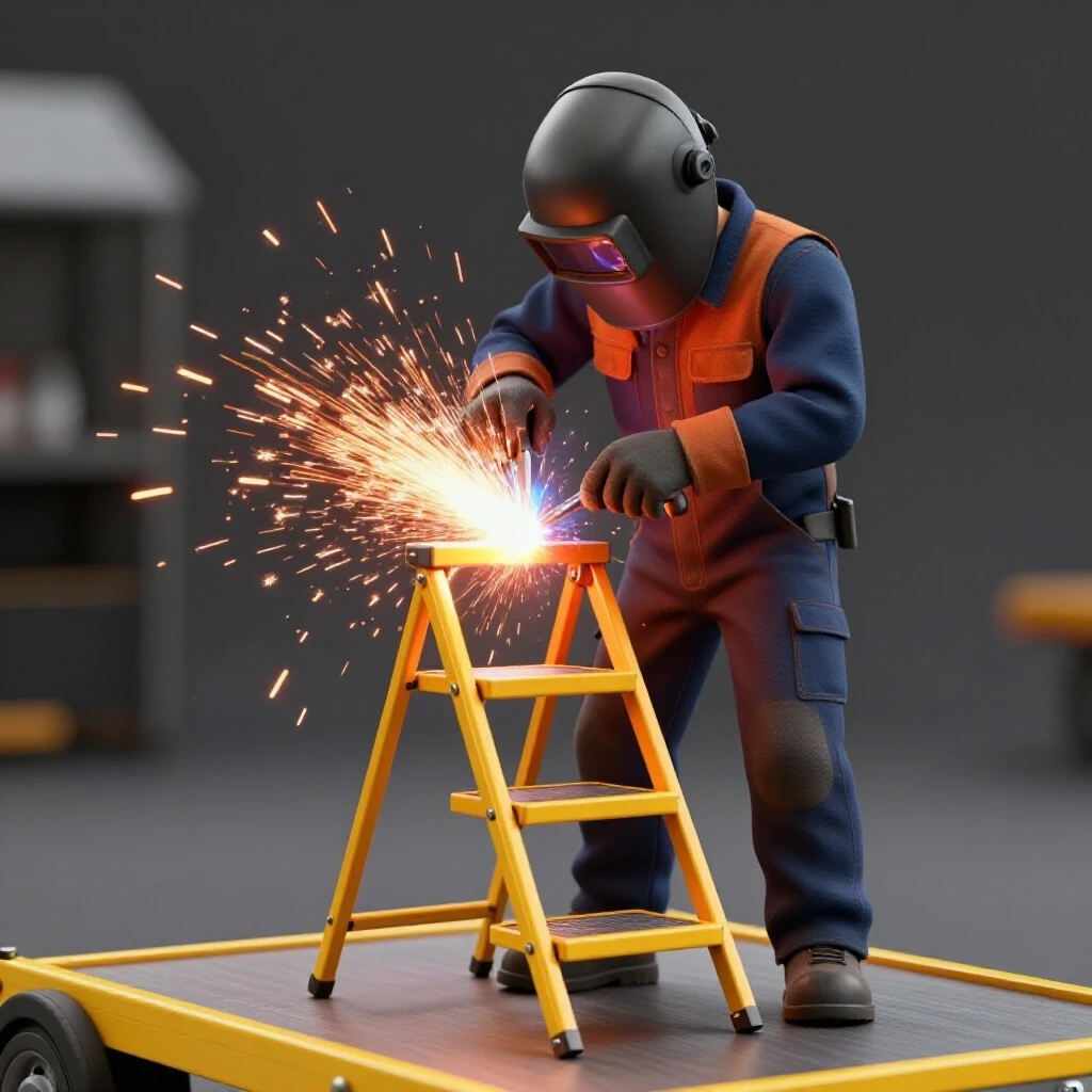Close-up of a welder creating bright yellow metal folding steps for a utility trailer, with sparks illuminating the scene.