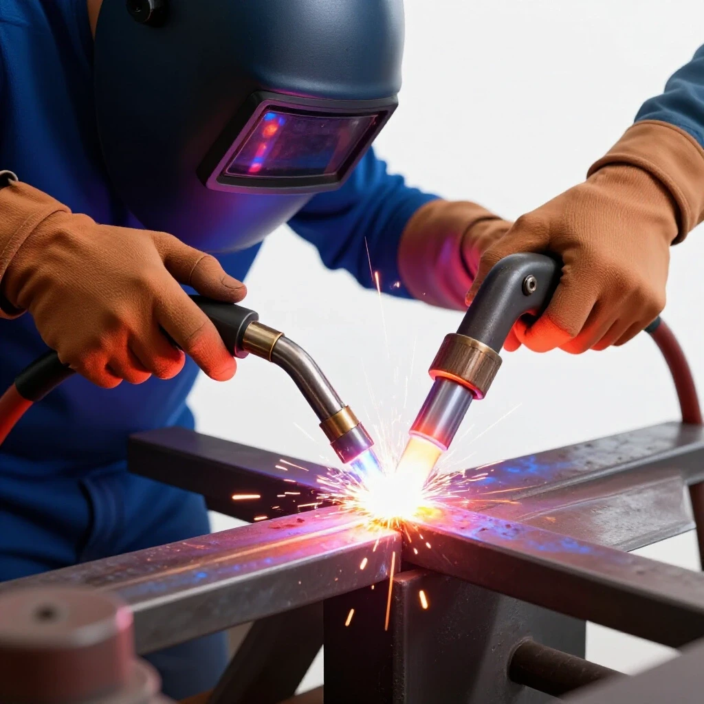 Close-up of welder's hands using a torch on a glowing metal lap joint, with sparks flying and vibrant colors.