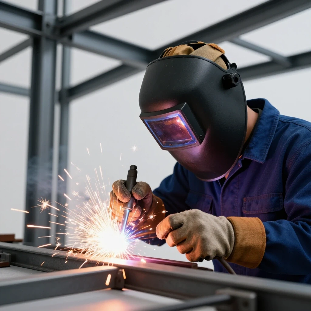 Close-up of a welder's hands operating a welding tool with sparks flying, highlighting DIY welding safety gear and tools.