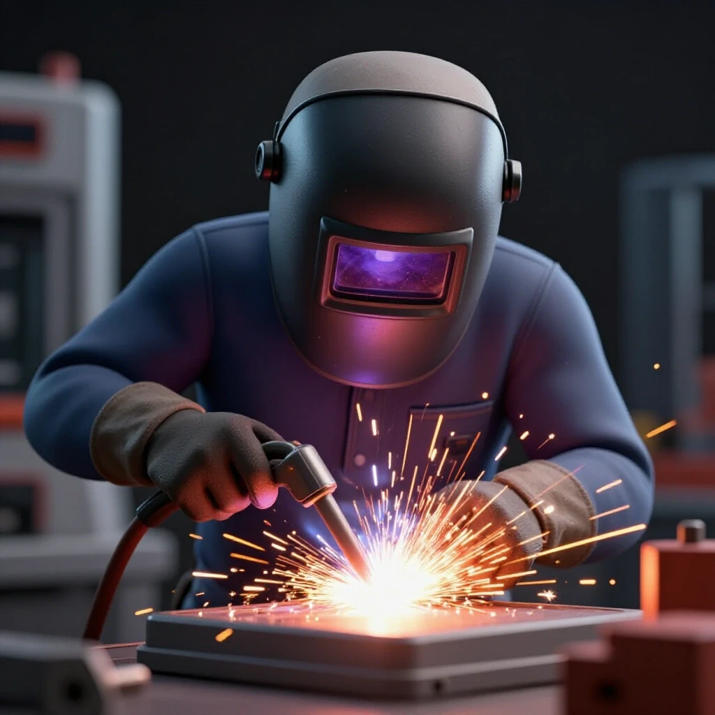 Close-up of a welder performing structural repairs with sparks flying, heavy machinery blurred in the background.