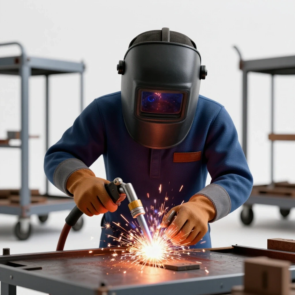 A welder's hands skillfully wielding a welding torch, with flying sparks and a blurred workshop background.