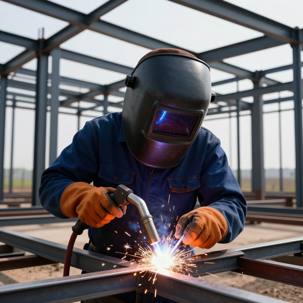Close-up of a welder’s hands using a torch on a steel frame, showcasing precision in metalworking with sparks flying.