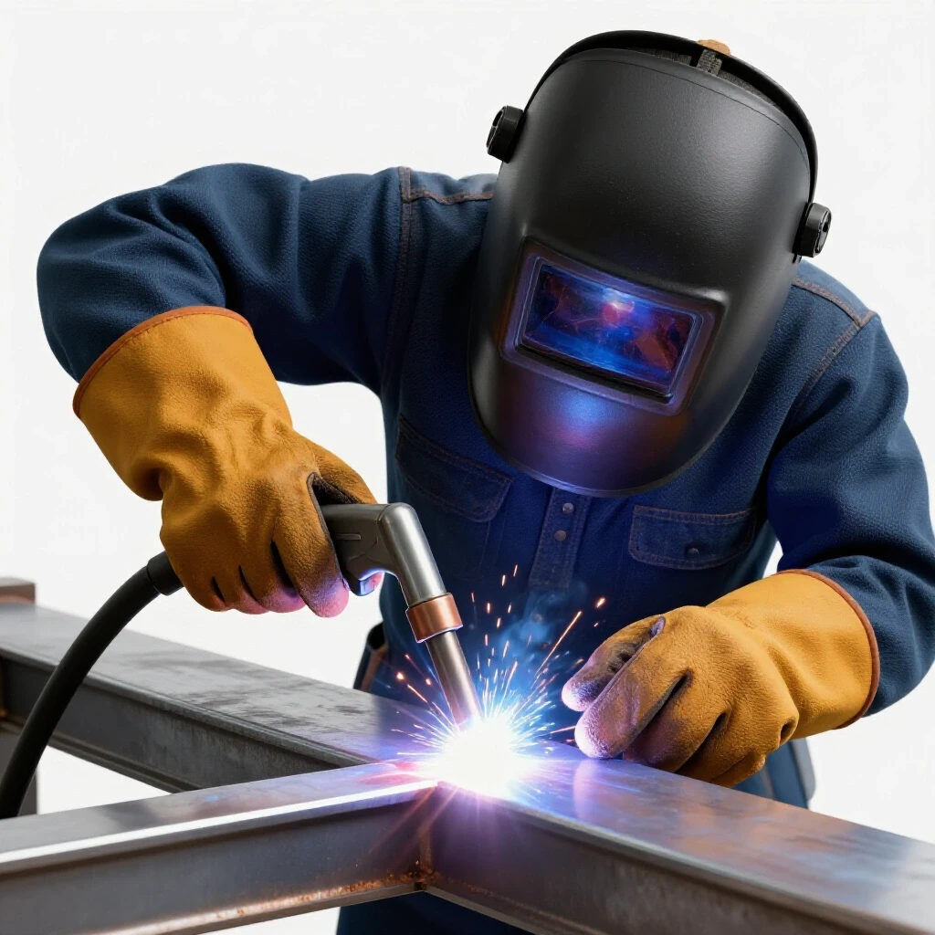 Close-up of a welder's gloved hands using a welding torch with bright arcs of light illuminating thick steel plates.