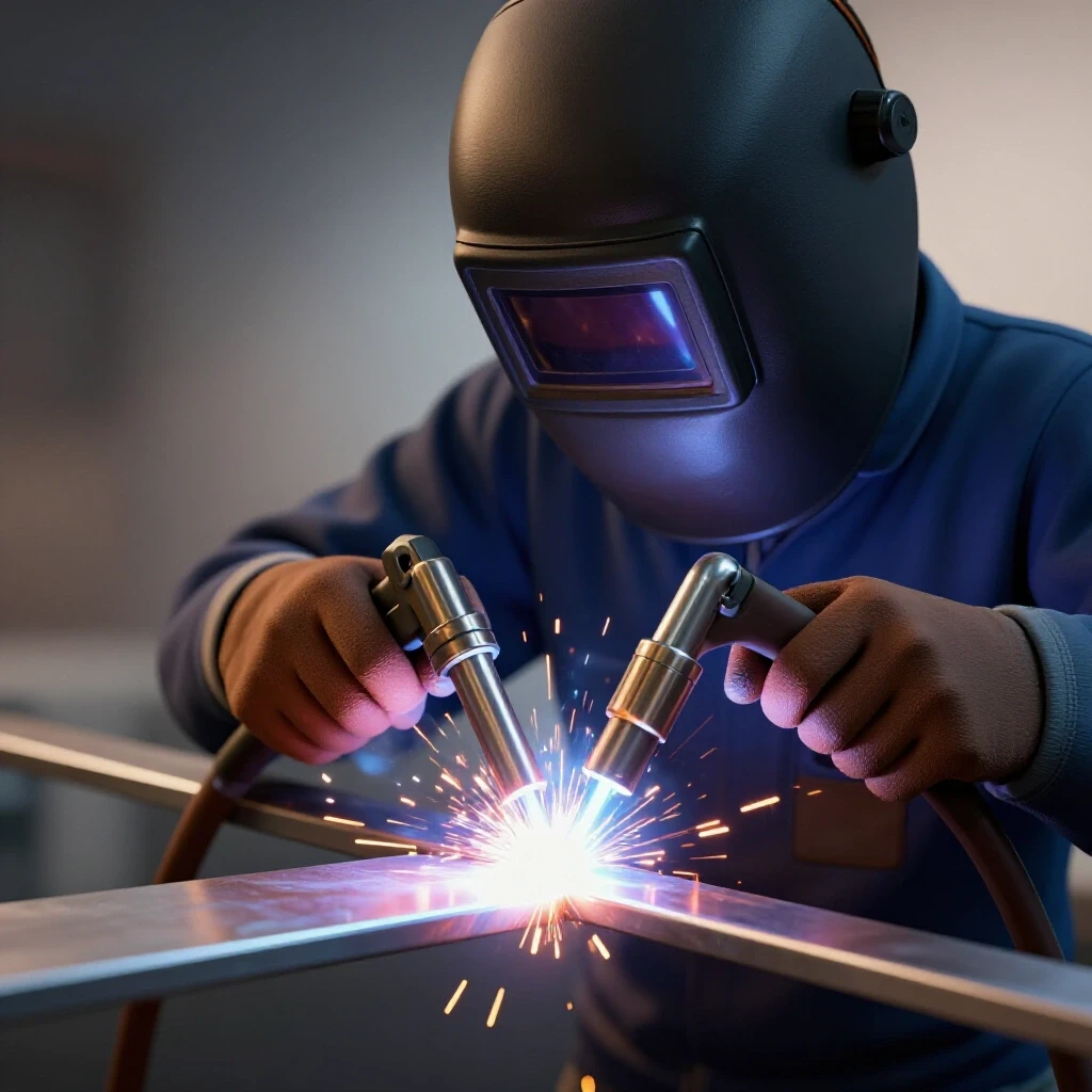 Close-up of skilled welder's hands using a torch on thin sheet metal, bright sparks flying in a well-lit scene.