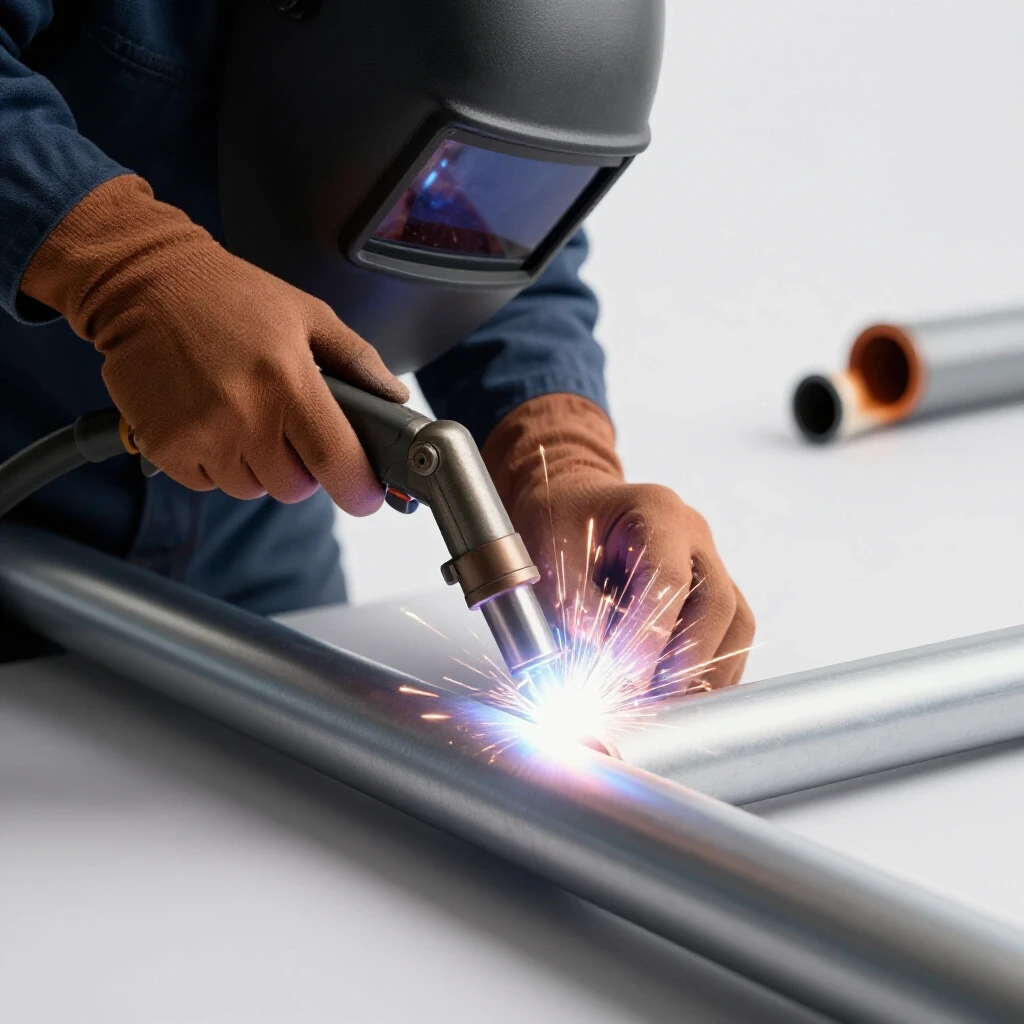 Welder's hands using a welding torch on thin wall tubing, showcasing sparks and heat on a bright background.