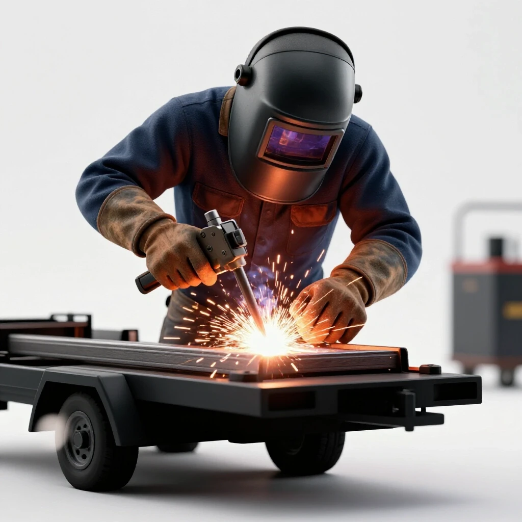 Close-up of a welder's hands using a welding tool with sparks flying, emphasizing the process of building a trailer tongue cargo carrier.