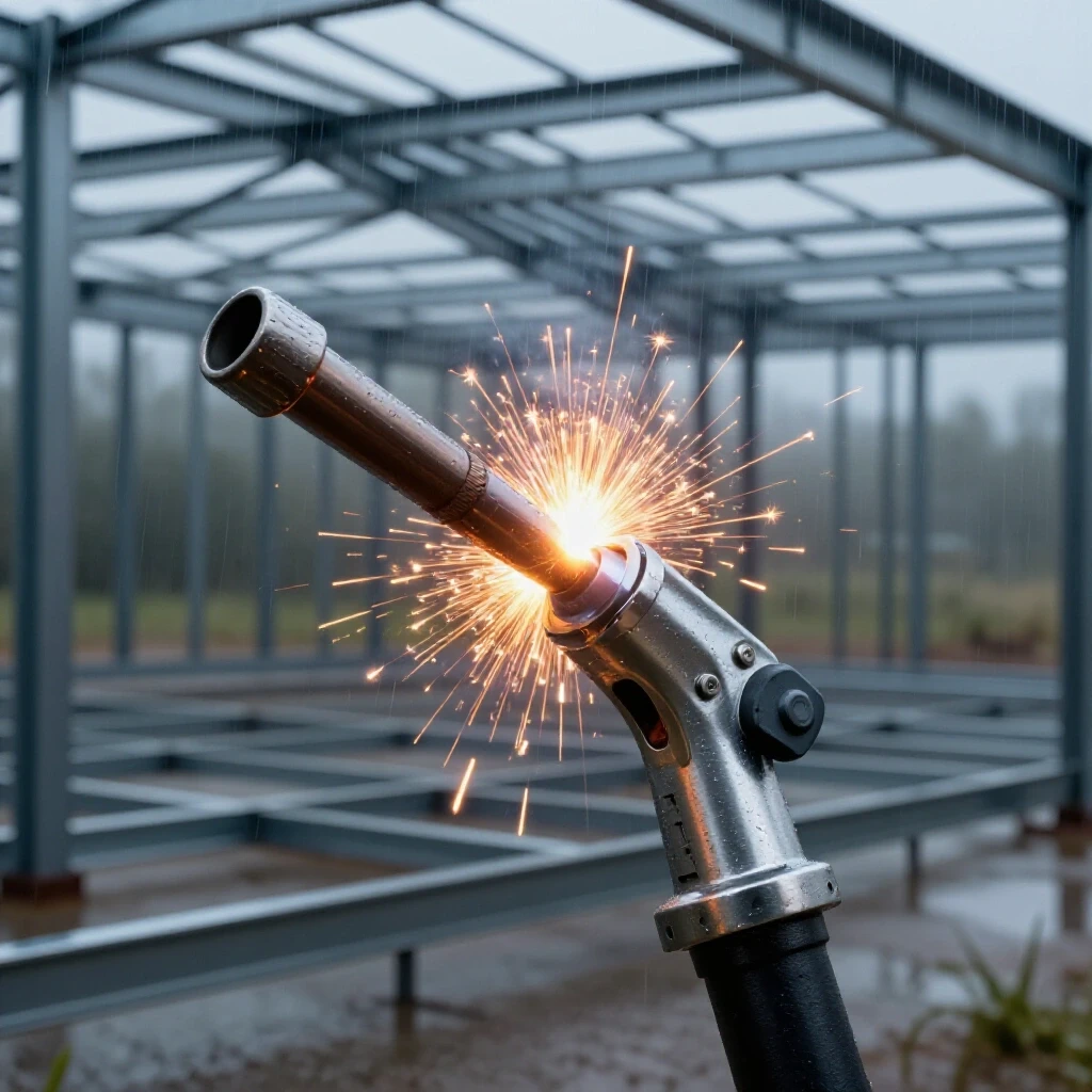 Close-up of a metallic welding torch sparking against a rainy backdrop of a steel shed frame, showcasing welding process.