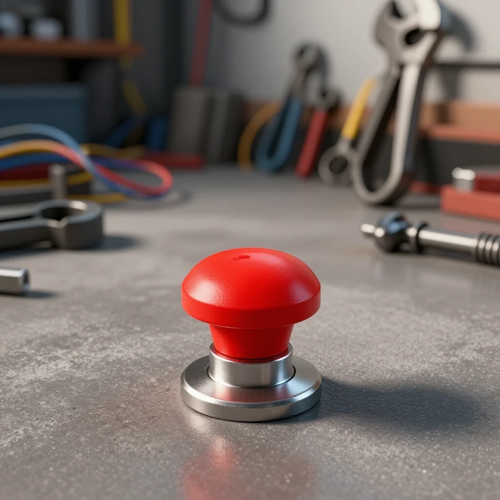 A close-up of a vibrant red emergency stop button surrounded by blurred workshop tools, highlighting urgency and safety.