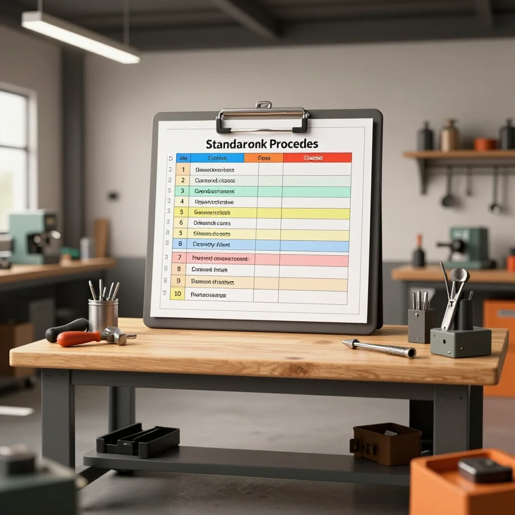 A well-organized workshop featuring a central checklist on a workbench, highlighting standard operating procedures with vibrant tools.