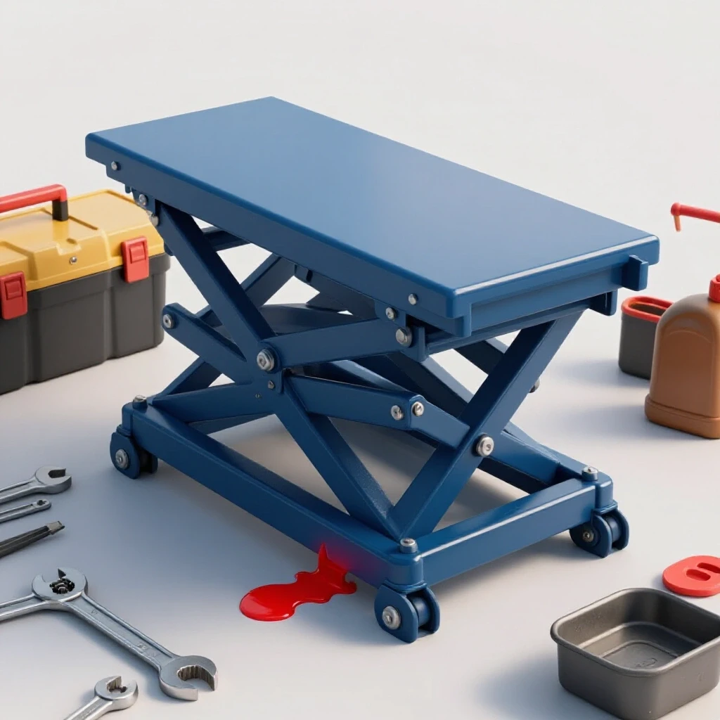 Close-up of a hydraulic lift table with a visible red leak, surrounded by DIY tools against a bright background.