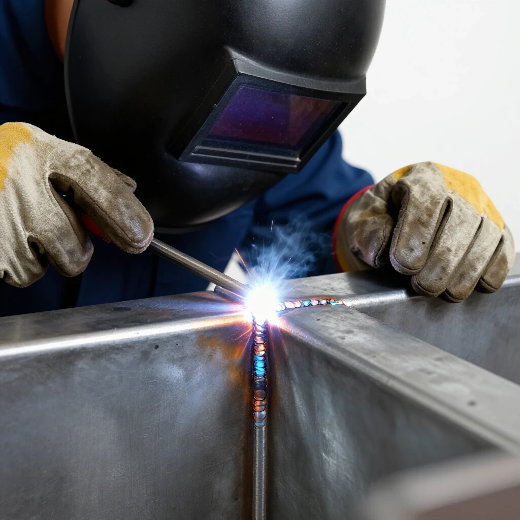 Close-up of a welder inspecting a metal joint, displaying a perfect weld beside a flawed one with defects.