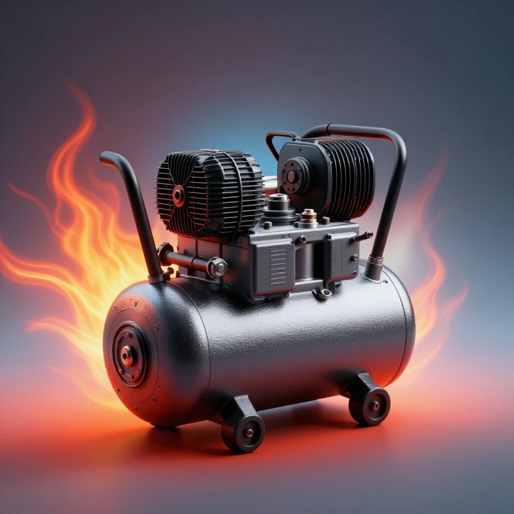 A vibrant air compressor next to a fiery heat source, illustrating the impact of temperature on performance.