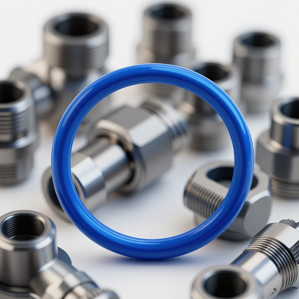 A close-up view of a shiny blue O-ring in the foreground with blurred metallic air connectors in the background, highlighting its importance in pneumatic systems.
