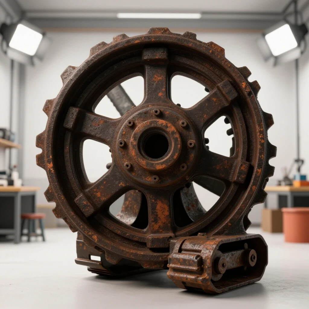 A close-up of a weathered heavy machinery part in a bright, organized workshop space, emphasizing DIY inspection.