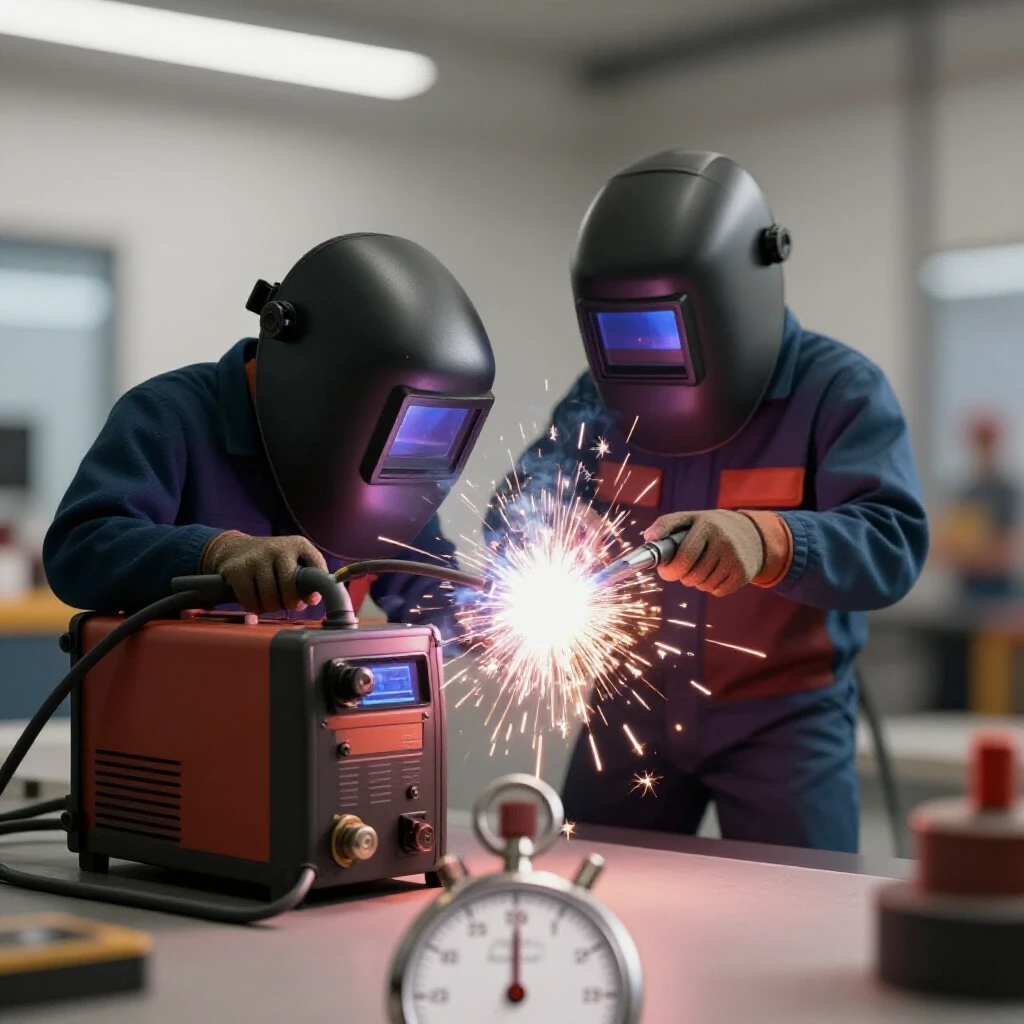 A 3D-rendered image illustrating a dual shield wire welding process with a high-speed welding arc and traditional setup in action.