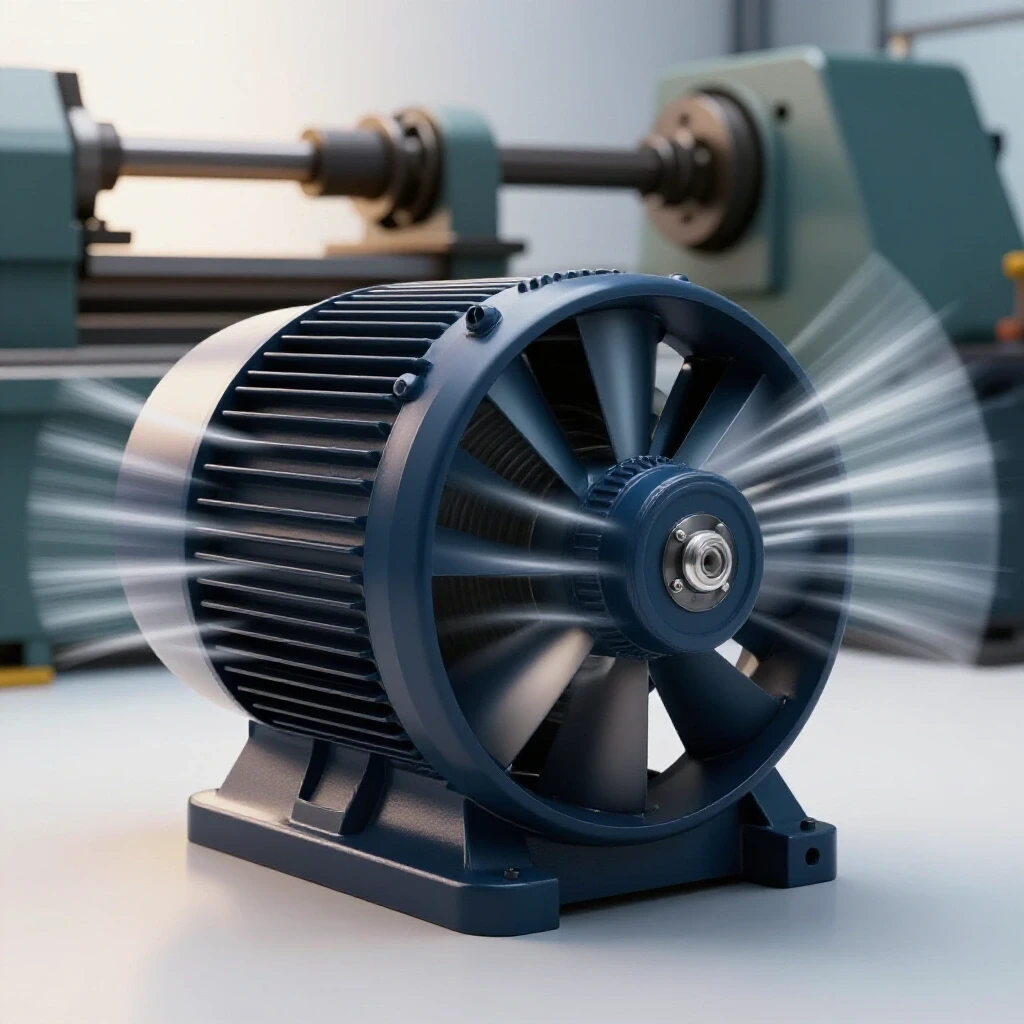 A powerful industrial fan motor with dynamic motion lines, illuminated lathe in the background, bright studio lighting.