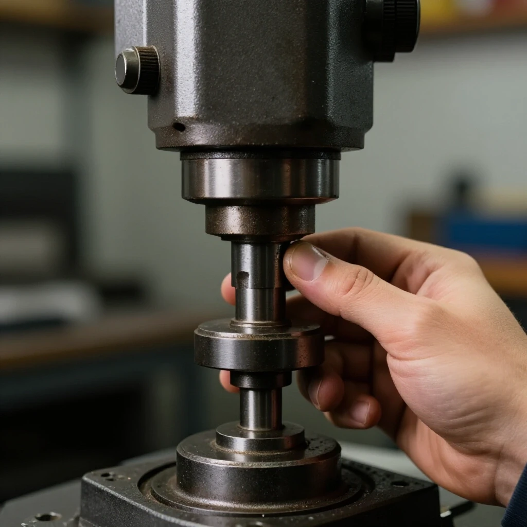 A close-up view of a hand examining the intricate details of a machine tool, emphasizing wear indicators and safety.