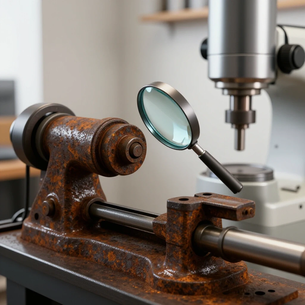 Close-up view of a rusty vintage lathe contrasted with a shiny well-maintained milling machine and a hovering magnifying glass.