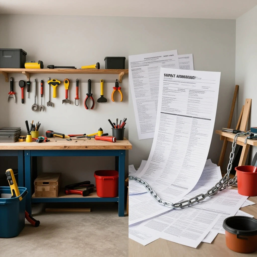 A split-scene image comparing a well-organized home metal shop with vivid tools to a cluttered rental space filled with bills, highlighting cost differences.