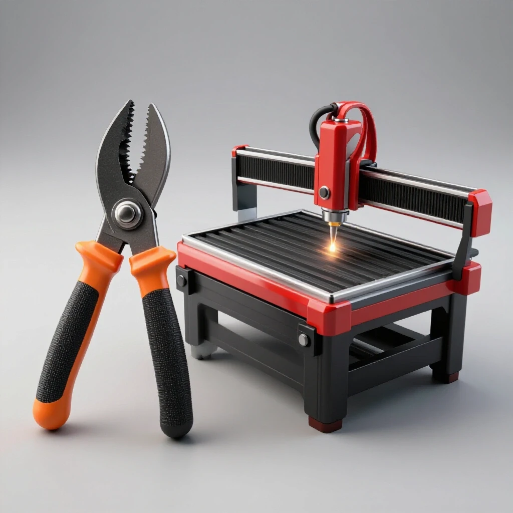 A striking visual contrast between a manual cutting tool and a sleek CNC plasma table, emphasizing metalworking evolution.