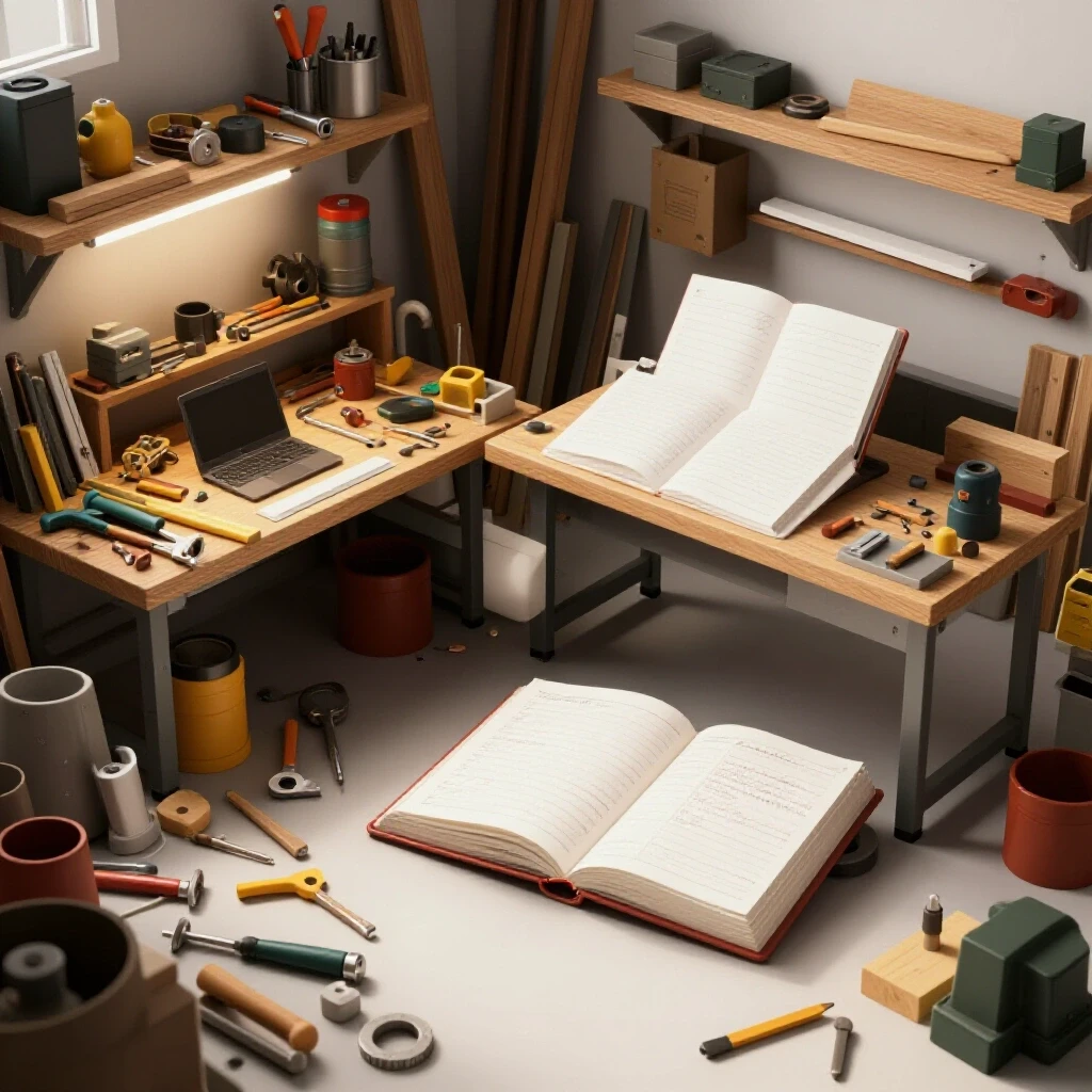 A contrasting workshop scene showing organized shop log book and chaos of tools, illustrating improved fabrication results.