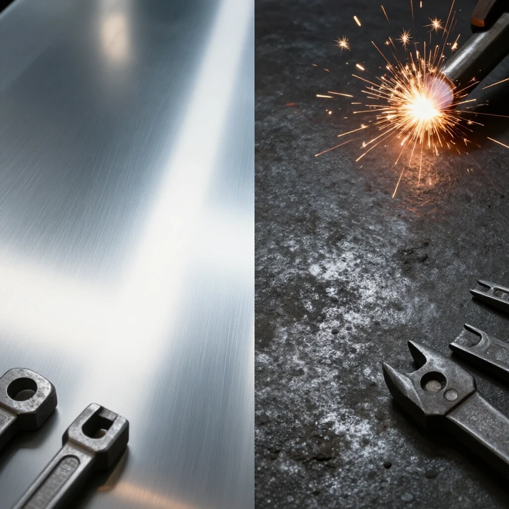 A split-image contrasting polished stainless steel with textured mild steel, highlighting welding techniques and tools.