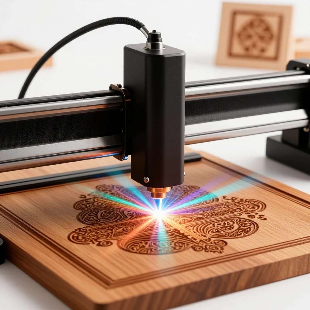 Close-up of a laser engraving machine in action, cutting intricate designs into wood with vibrant light beams.