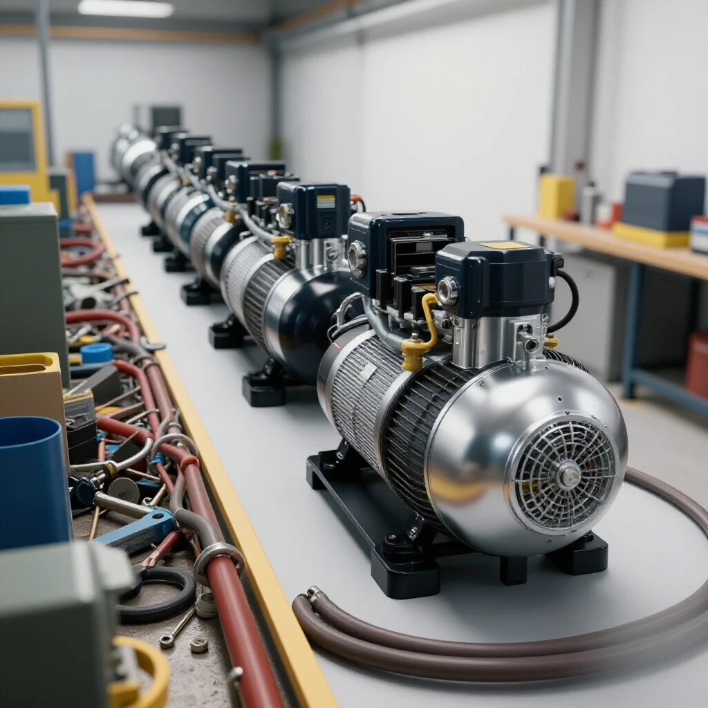 A polished compressor line installation in a bright workshop, contrasting cluttered pipes and tools on one side.