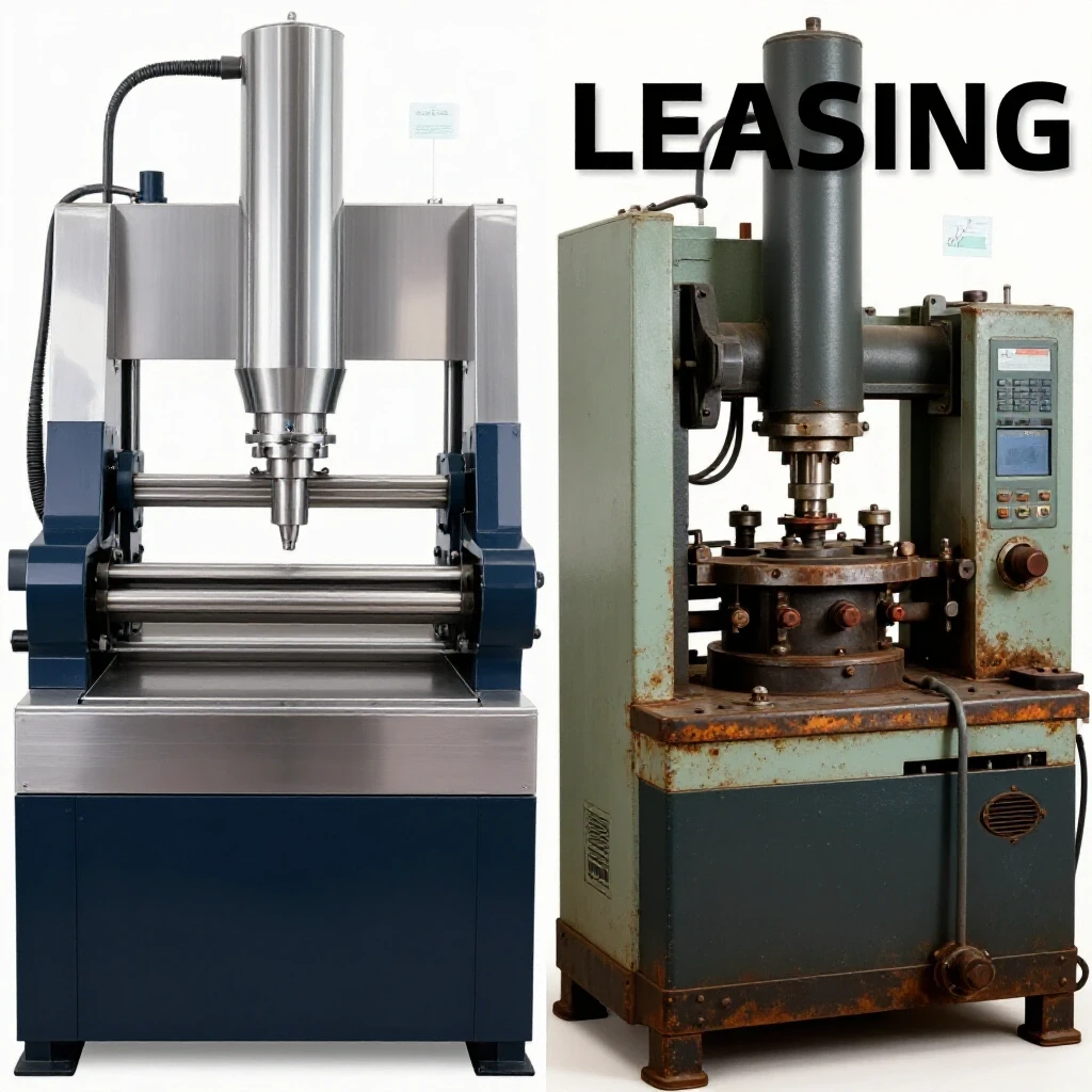 A comparison image of a new and used metal fabrication machine, illustrating the concepts of leasing versus buying.