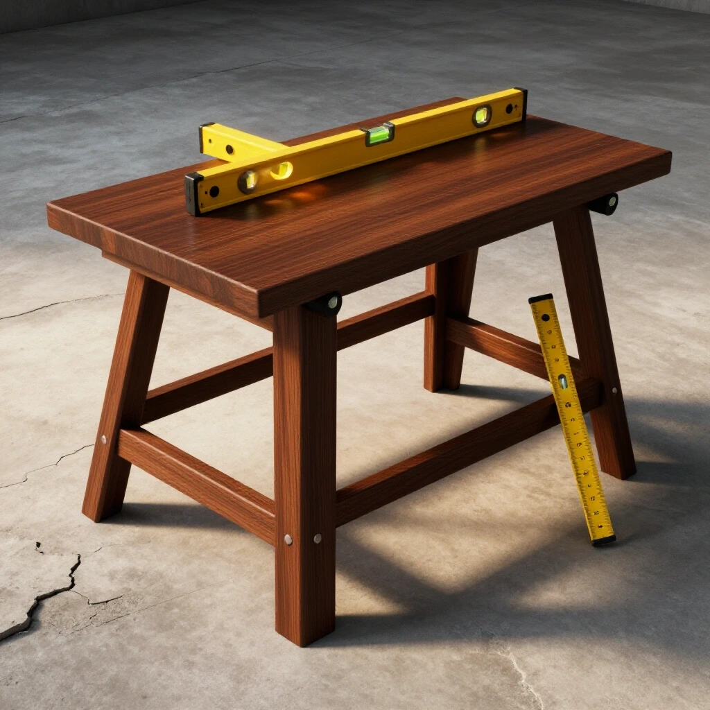 Sturdy workbench on an uneven floor with a measuring level tool beside it, highlighting a leveling process.